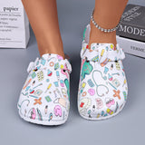 Anti-Slip Clogs – Printed indoor slippers with adjustable buckle, featuring a fun design of medical and craft supplies.