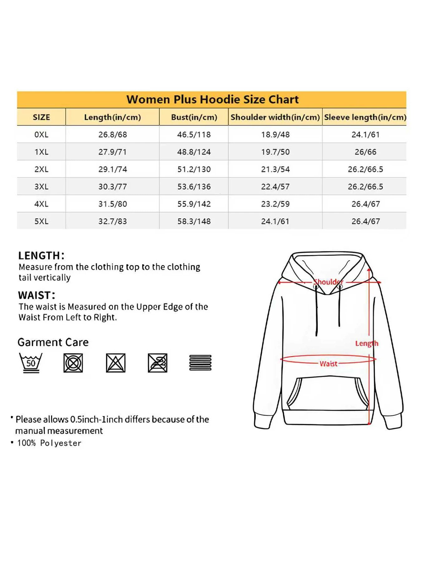 women plus hoodie size chart with measurements for lengths, bust, shoulder width, and sleeve length