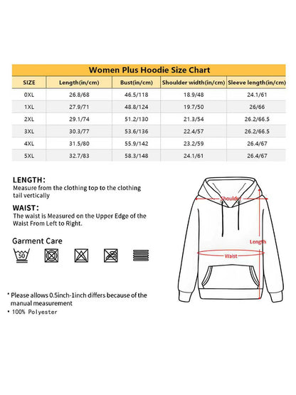 women plus hoodie size chart with measurements for lengths, bust, shoulder width, and sleeve length