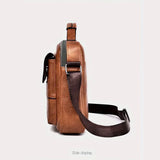 Stylish travel bag shown from the side, featuring a professional PU finish and smart storage pockets.
