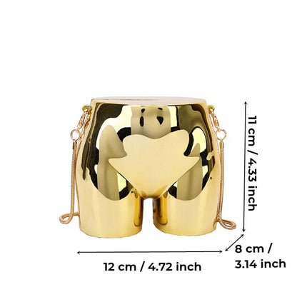 Clutch purse with chain strap in a unique gold design, perfect for stylish night outings. Dimensions: 12 cm x 11 cm x 8 cm.