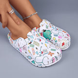 Women’s anti-slip clogs with colorful printed medical design and adjustable buckle for comfort and safety.